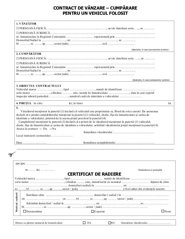 contract de vanzare-cumparare pentru un vehicul folosit