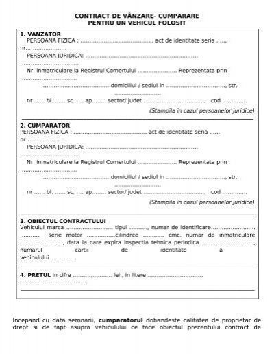 contract de vanzare-cumparare pentru un vehicul folosit