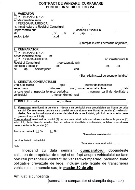 contract de vanzare-cumparare pentru un vehicul folosit